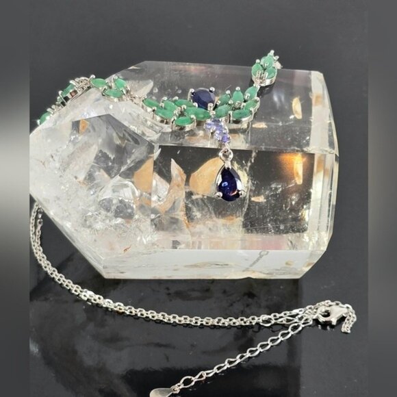 925 Sterling Silver Necklace 18" with Natural Sapphire, Emerald & Tanzanite Gems - Picture 9 of 9